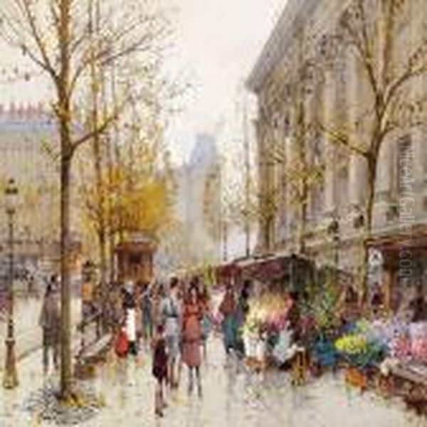 La Madeleine - March Aux Fleurs Oil Painting by Eugene Galien-Laloue