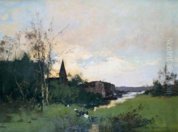 Village Pres Du Cours D'eau Oil Painting by Eugene Galien-Laloue