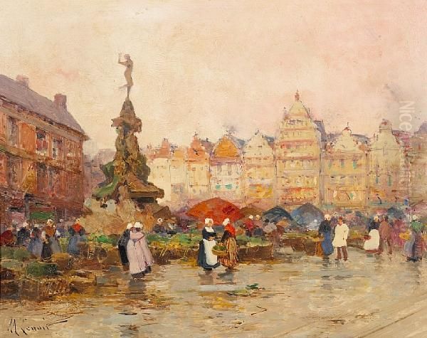 Grote Markt, Antwerp, Belgium; Grote Markt,nijmegen, Netherlands (a Pair) Oil Painting by Eugene Galien-Laloue