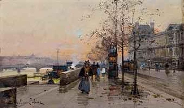 Elegante Sur Le Quai Du Louvre Oil Painting by Eugene Galien-Laloue