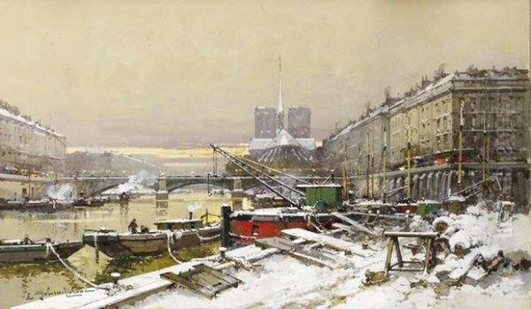 La Seine A Paris Sous La Neige Oil Painting by Eugene Galien-Laloue