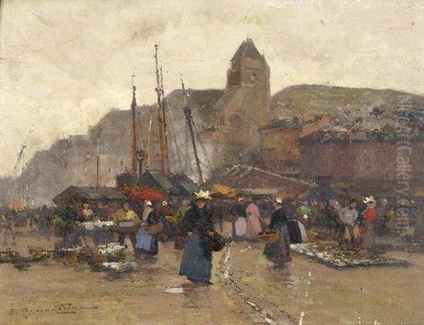 Marche Sur Le Port Oil Painting by Eugene Galien-Laloue