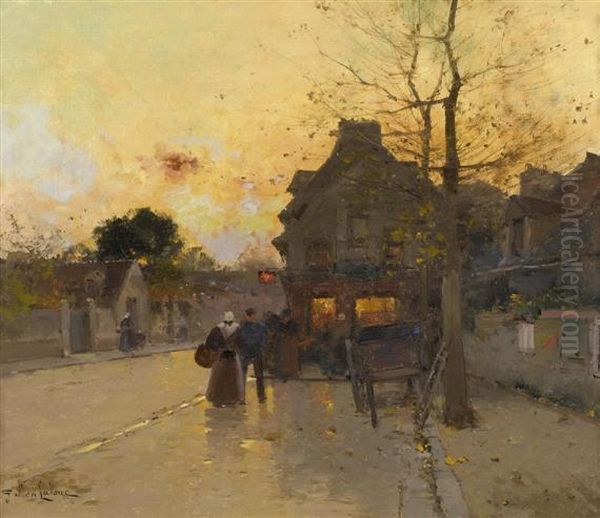 Village Street In An Autumn Evening. Oil Painting by Eugene Galien-Laloue