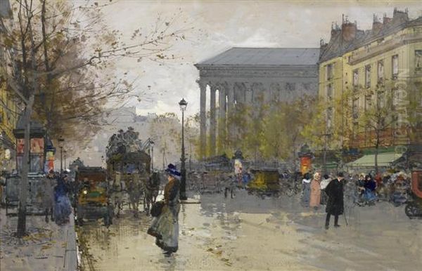 Autumn Day In Paris Near The Madeleine. Oil Painting by Eugene Galien-Laloue