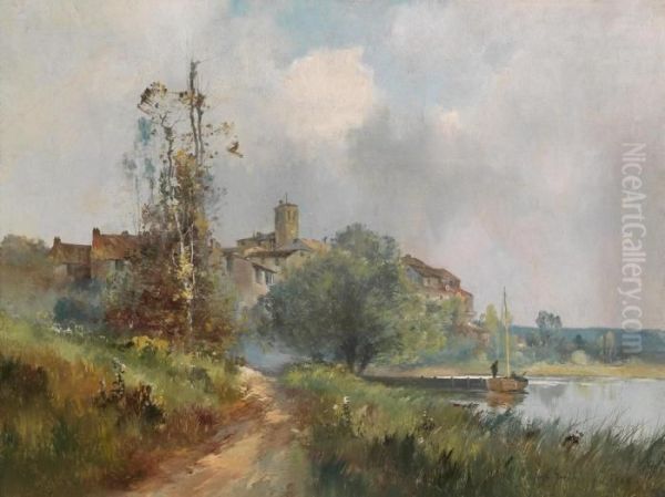 Idyllic River Landscape With Angler Oil Painting by Eugene Galien-Laloue