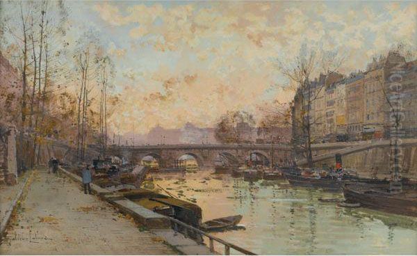 La Seine Oil Painting by Eugene Galien-Laloue