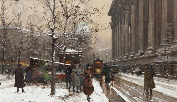 Le Marche Aux Fleurs Sous La Neige, Place De La Madeleine Oil Painting by Eugene Galien-Laloue