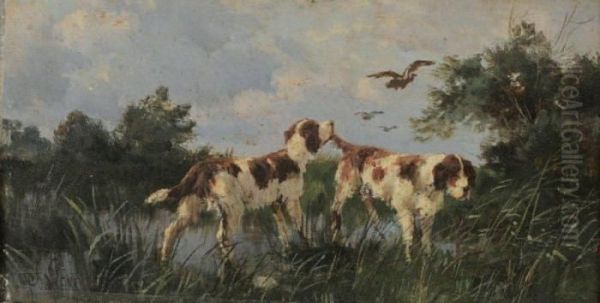 Chiens De Chasse Au Bord D'un Etang Oil Painting by Eugene Galien-Laloue