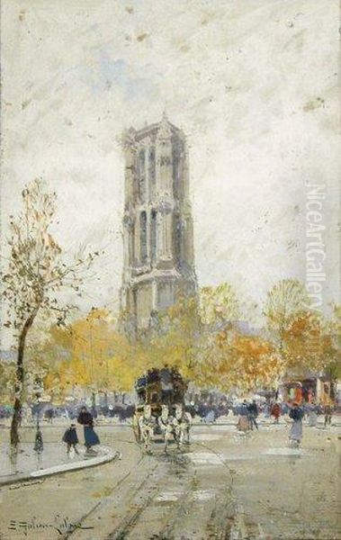 L'omnibus Pres De La Tour Saint-jacques Oil Painting by Eugene Galien-Laloue