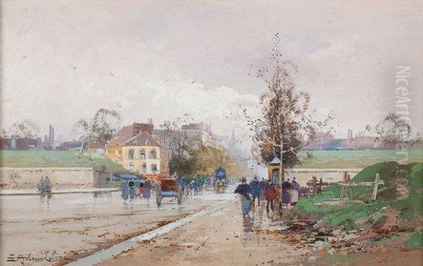 Animation A La Sortie De Paris, Porte De Chatillon Oil Painting by Eugene Galien-Laloue