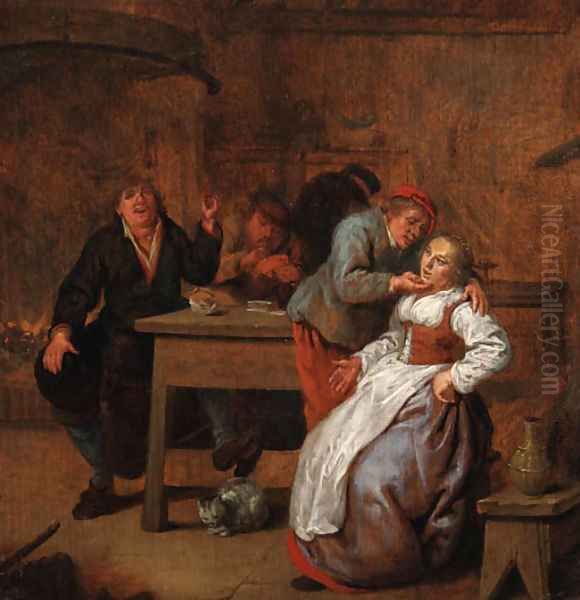 Peasants in an inn, with a courting couple Oil Painting by Jan Miense Molenaer