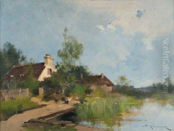 Village Oil Painting by Eugene Galien-Laloue