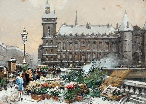 Le Marche Aux Fleurs Oil Painting by Eugene Galien-Laloue