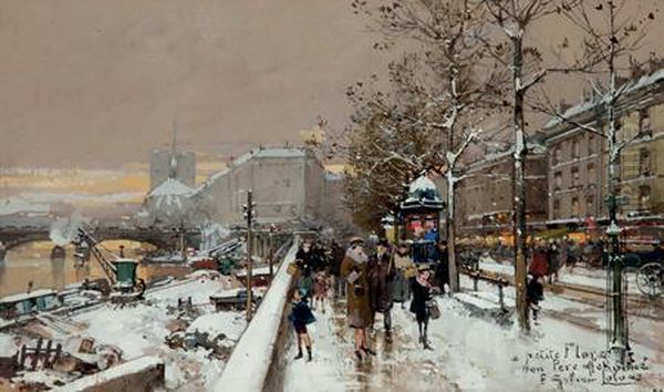 Quai De Seine Sous La Neige Oil Painting by Eugene Galien-Laloue