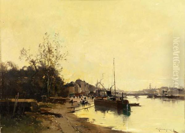 Port Fluvial Oil Painting by Eugene Galien-Laloue