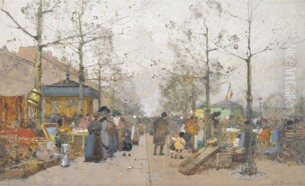 Paris, Marche A La Ferraille, Boulevard Richard Lenoir Oil Painting by Eugene Galien-Laloue