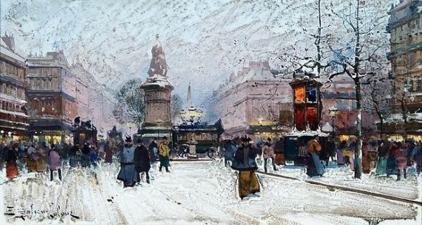 Winterlicher Abend Am Place Clichy, Paris Oil Painting by Eugene Galien-Laloue