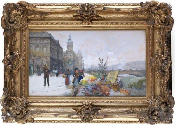 Paris,la Cite,le Marche Aux Fleurs En Hiver Oil Painting by Eugene Galien-Laloue