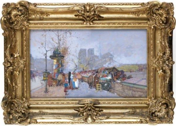 Paris, 
Les Bouquinistes En Automne Oil Painting by Eugene Galien-Laloue