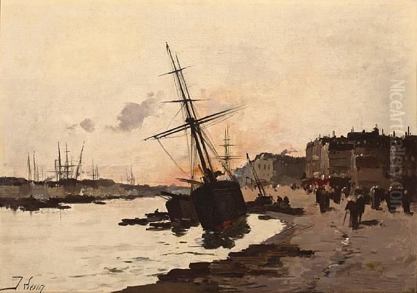 Ships In A Harbor Oil Painting by Eugene Galien-Laloue