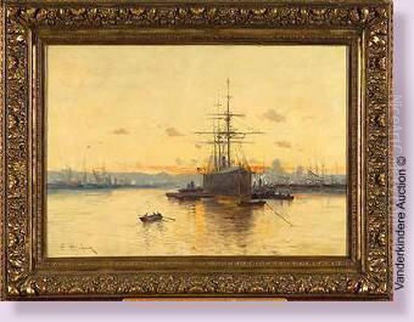 Bateau Amare Au Port Oil Painting by Eugene Galien-Laloue