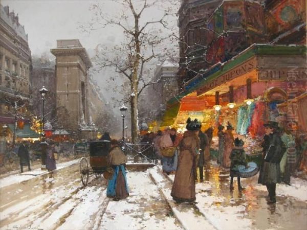 Snowy Parisian Boulevard At Dusk Oil Painting by Eugene Galien-Laloue