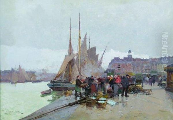 La Debarque Du Poisson Oil Painting by Eugene Galien-Laloue