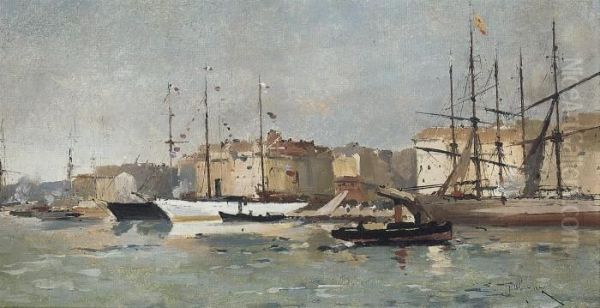 Boats In A French Port Oil Painting by Eugene Galien-Laloue