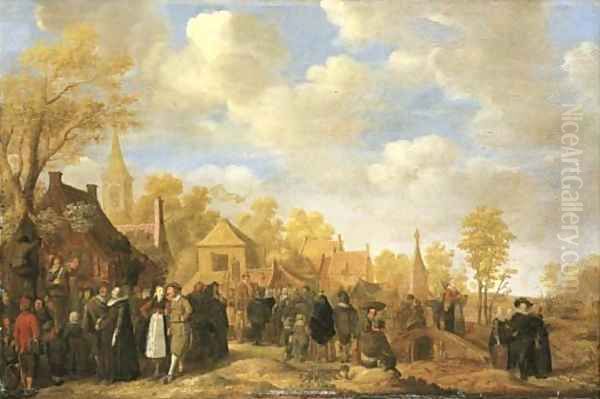 A village landscape with crowds gathering around quack doctors Oil Painting by Jan Miense Molenaer