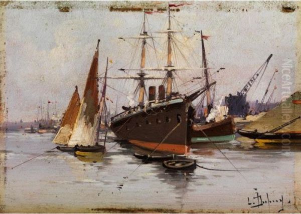 Hafenansicht Mit Grossem Dampfer, Segelschiffen Undhafenkran Oil Painting by Eugene Galien-Laloue