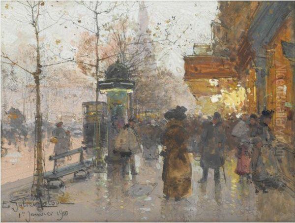 Les Grands Boulevards Le Jour De L'an Oil Painting by Eugene Galien-Laloue