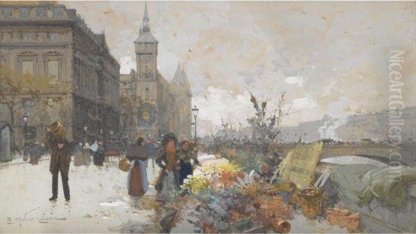 Marche Aux Fleurs Pres De La Conciergerie En Hiver Oil Painting by Eugene Galien-Laloue