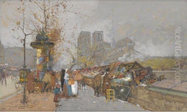 Bouquinistes, Quai Des Tournelles En Automne Oil Painting by Eugene Galien-Laloue