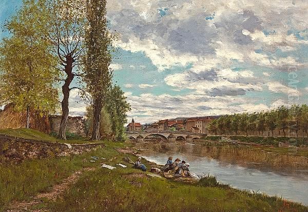 Lavandi res Au Bord Du Loing Oil Painting by Eugene Galien-Laloue