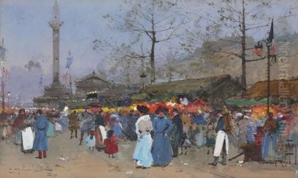 Le Marche, Paris Oil Painting by Eugene Galien-Laloue