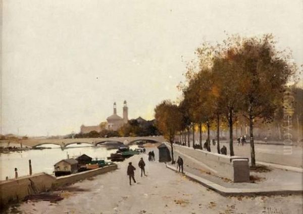 Bord De Seine Anime Oil Painting by Eugene Galien-Laloue