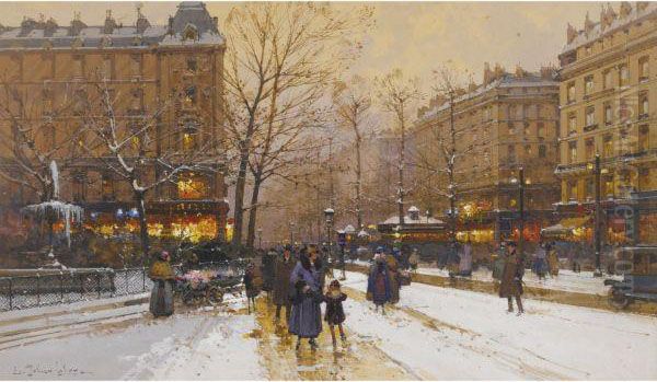 Boulevard Parisien, Sous La Neige Oil Painting by Eugene Galien-Laloue