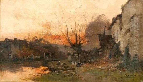 La Basse-cour Au Soleil Couchant Oil Painting by Eugene Galien-Laloue