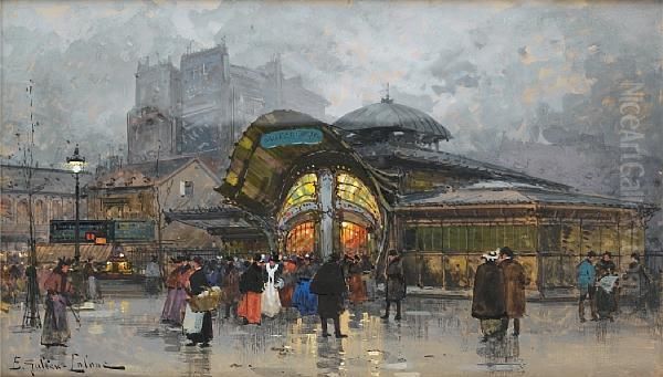 Les Halles, Paris Oil Painting by Eugene Galien-Laloue