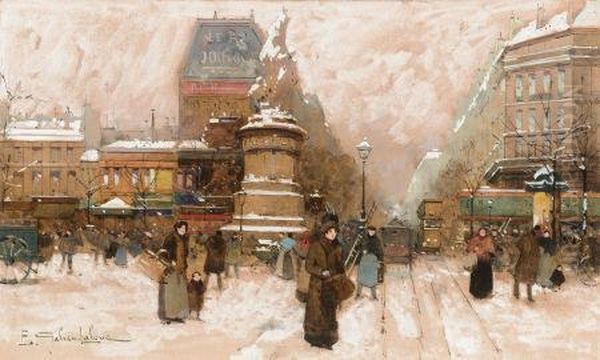 Winter Street Scene - Paris Oil Painting by Eugene Galien-Laloue