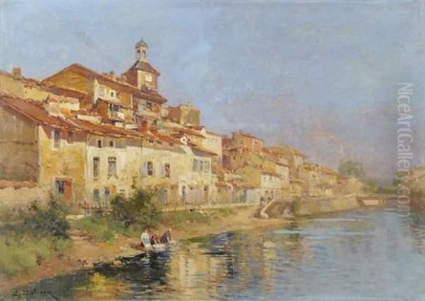 Les Lavandieres Oil Painting by Eugene Galien-Laloue