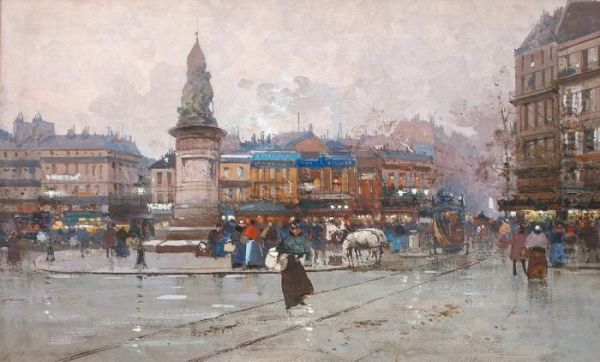 Animation Place Clichy Oil Painting by Eugene Galien-Laloue