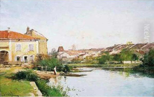 Pecheurs Enbarque Et Paysannes Au Bord De La Riviere Aux Abords Du Village Oil Painting by Eugene Galien-Laloue