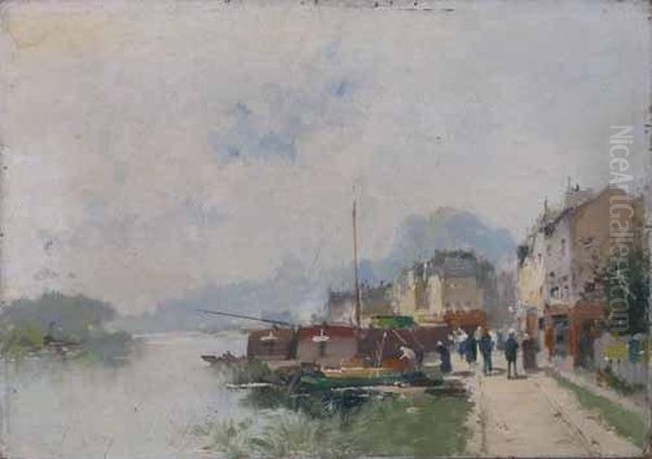 Peniche En Bord De Seine Oil Painting by Eugene Galien-Laloue