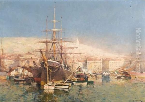 Trois Mats Dans Le Port De Marseille Oil Painting by Eugene Galien-Laloue