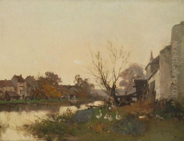 Rural European Townscape With River. Oil Painting by Eugene Galien-Laloue