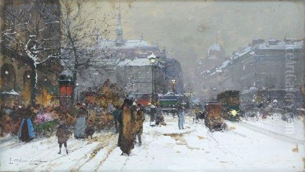 Le Theatre Sarah Bernhardt, Place Du Chatelet Sous La Neige Oil Painting by Eugene Galien-Laloue