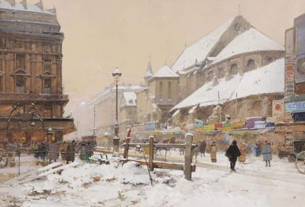 Le Chevet De L'eglise St-germain L'auxerrois Sous La Neige Oil Painting by Eugene Galien-Laloue