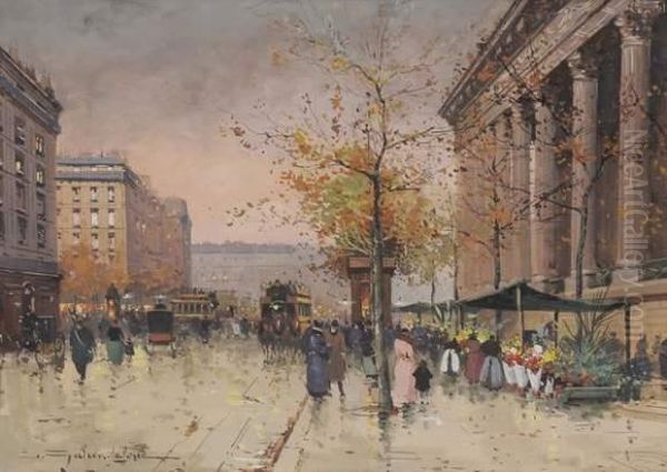 Le Marche Aux Fleurs Pres De La Madeleine Oil Painting by Eugene Galien-Laloue