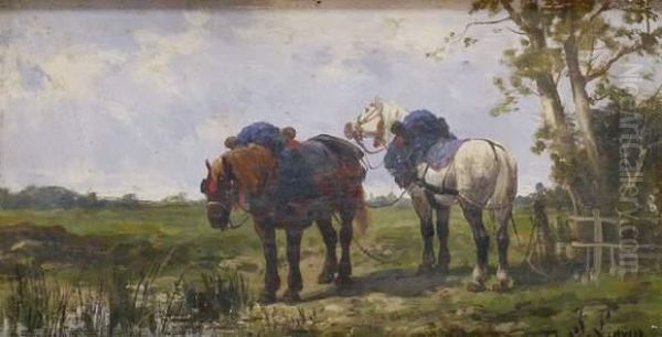 Chevaux Harnaches A L'arret Oil Painting by Eugene Galien-Laloue